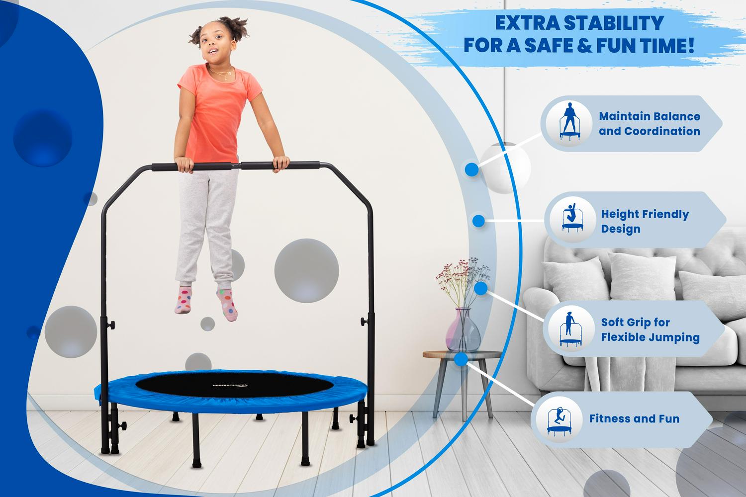 Machrus Upper Bounce 48 Mini Trampoline with Adjustable Handbar a Round Foldable Rebounder Fitness Trampoline for Kids and Adults