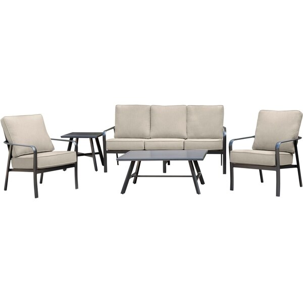 Hanover Cortino 5Piece CommercialGrade Patio Seating Set with 2 Cushioned Club Chairs，Sofa，and Coffee and Side Table