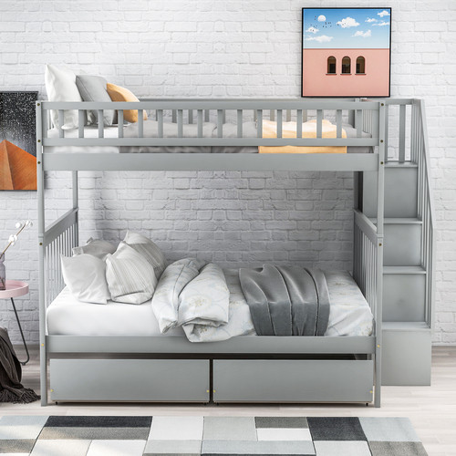 Full Over Full Bunk Bed with Two Drawers and Stora...