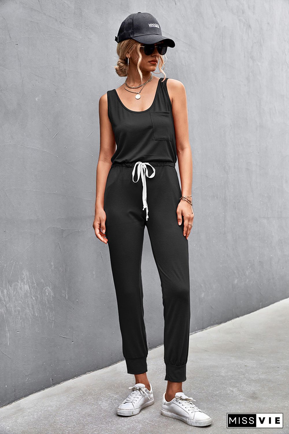 Strap U Neck Sleeveless Drawstring Waist Jumpsuit Wholesale