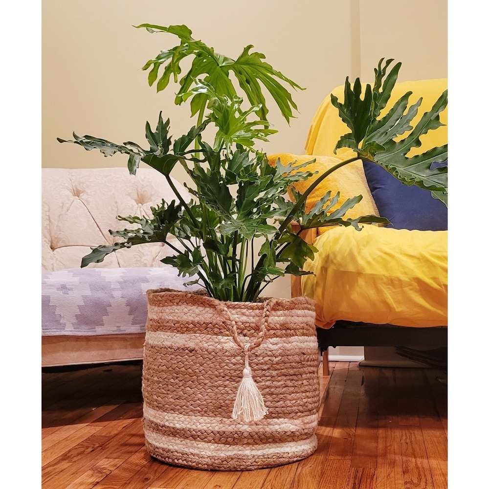 LR Home Montego Stripe Natural Jute Decorative Storage Basket (19 in.)   19\