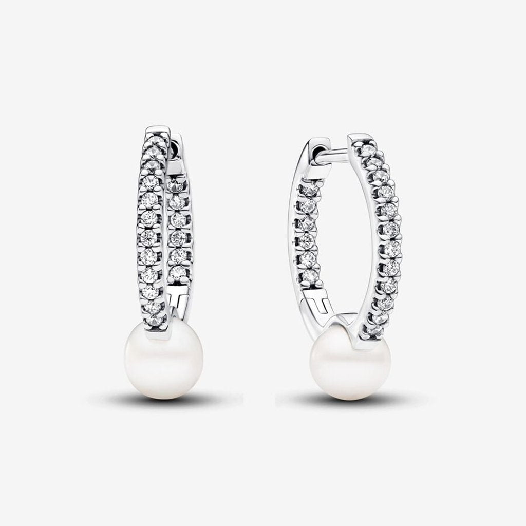 PANDORA  Treated Freshwater Cultured Pearl & Pavé Hoop Earrings - Sterling Silver