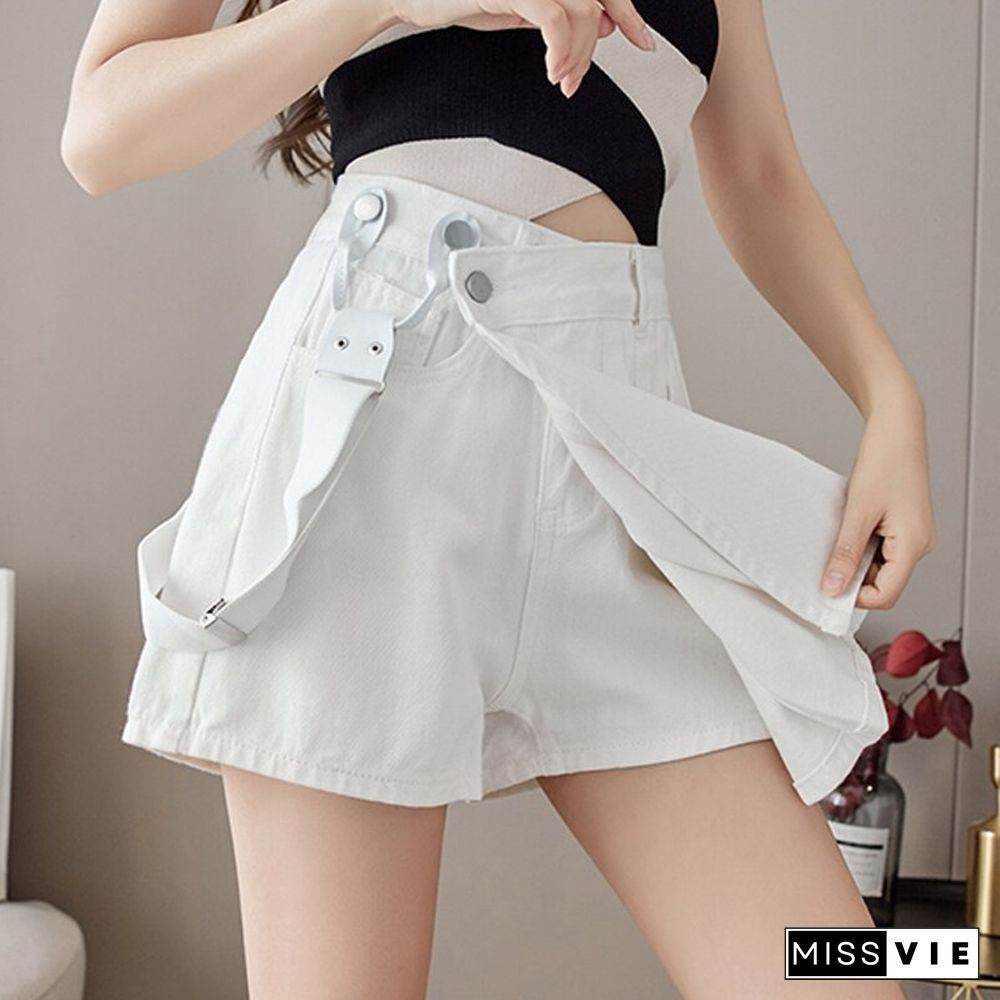 Summer Korean Fashion Design Shoulder Strap Pleated Skirt Women High Waist A Line Mini Skirts All Match Casual Skirts New