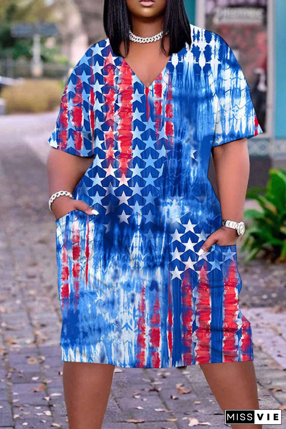 Blue Red Fashion Casual Print Patchwork V Neck Plus Size Dresses