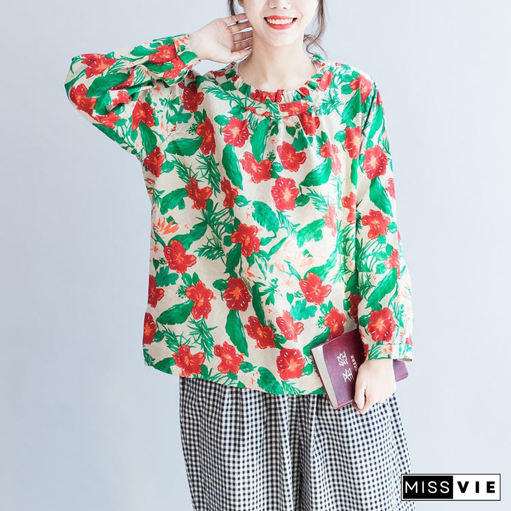 red green floral linen tops oversize vintage long sleeve t shirt