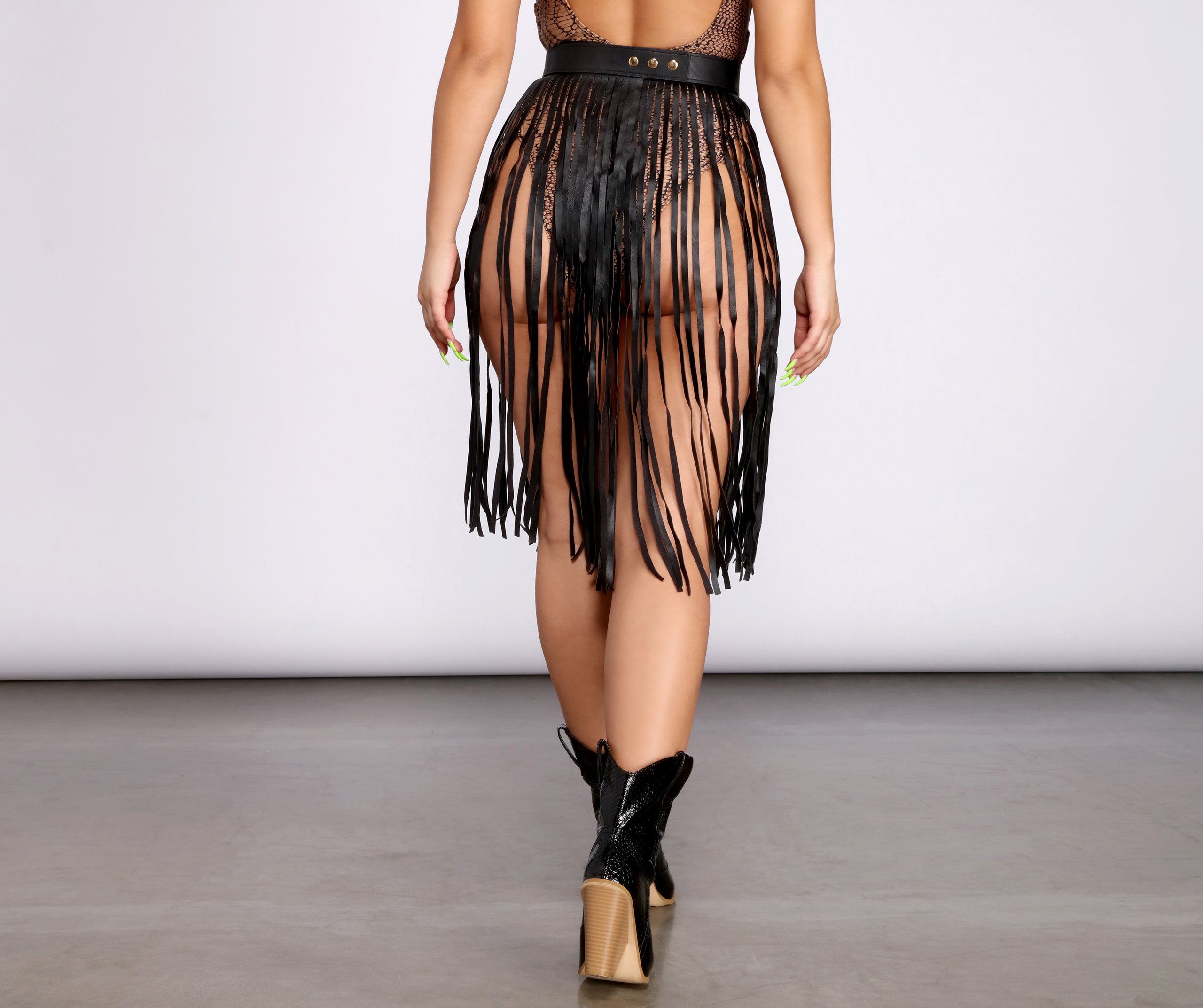 Rockin' Hun' Faux Leather Fringe Belted Skirt