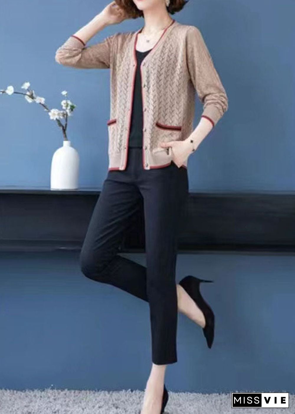 French Light Camel V Neck Pockets Hollow Out Patchwork Thin Knit Cardigan Fall