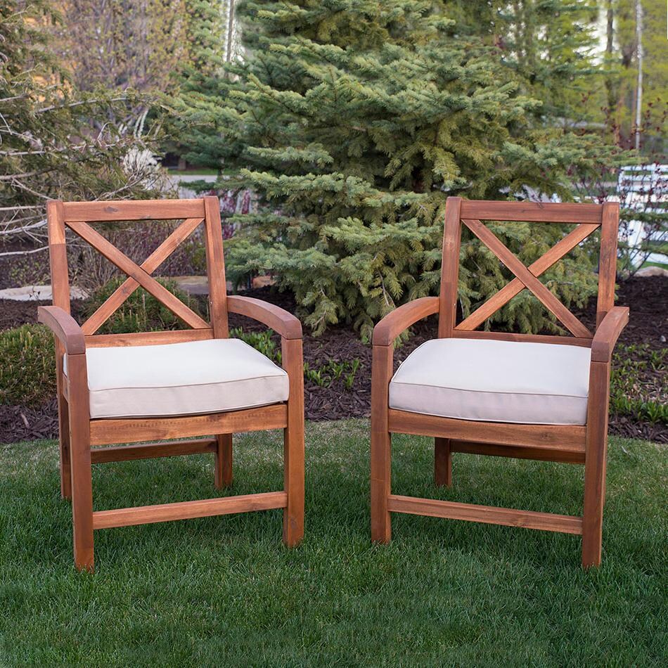 Ultimate Patio Camille Way 2 Piece Acacia Patio Dining Arm Chair Set W/ Natural Cushions