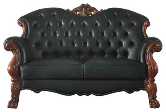 Bowery Hill Traditional Faux Leather/Wood Loveseat with 3 Pillows in Black   Victorian   Loveseats   by Homesquare  Houzz