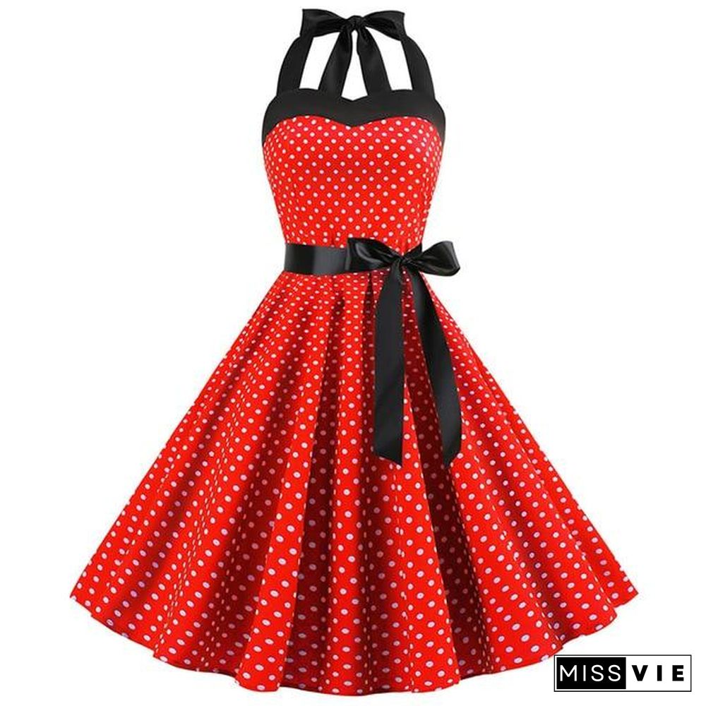 Sexy Halter Party Dress Retro Polka Dot Vintage Dresses Elegant Midi Dress