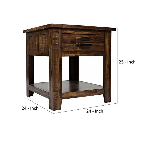 End Table with 1 Drawer and Plank Style， Rustic Brown