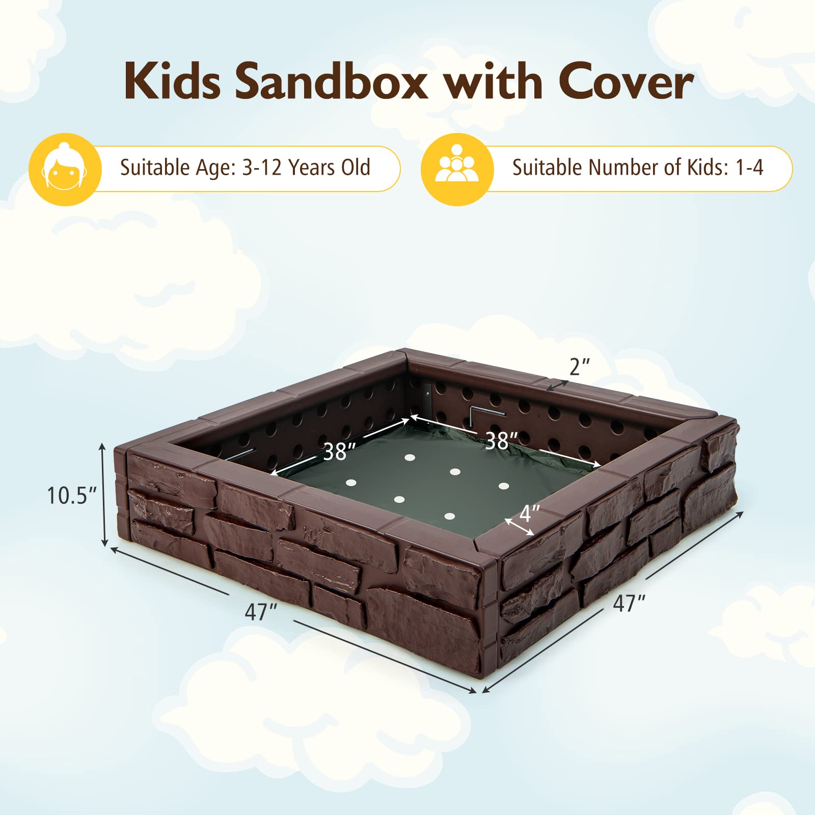 Costzon Kids Sandbox with Cover, 47” x 47” HDPE Sandpit with Oxford Cover, Bottom Liner