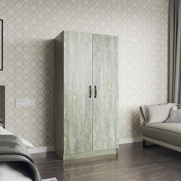 High Wardrobe And Kitchen Cabinet With 2 Doors and 1 Clothes Rail， Grey，Textured Veneer - - 37891407