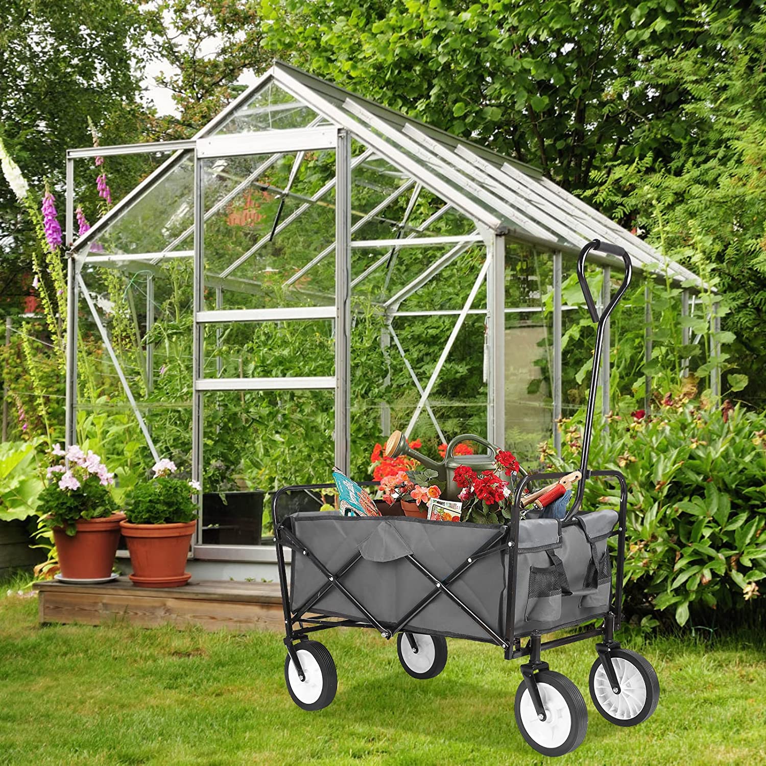 Pirecart Collapsible Folding Garden Wagon Cart with 2 Cup Holders