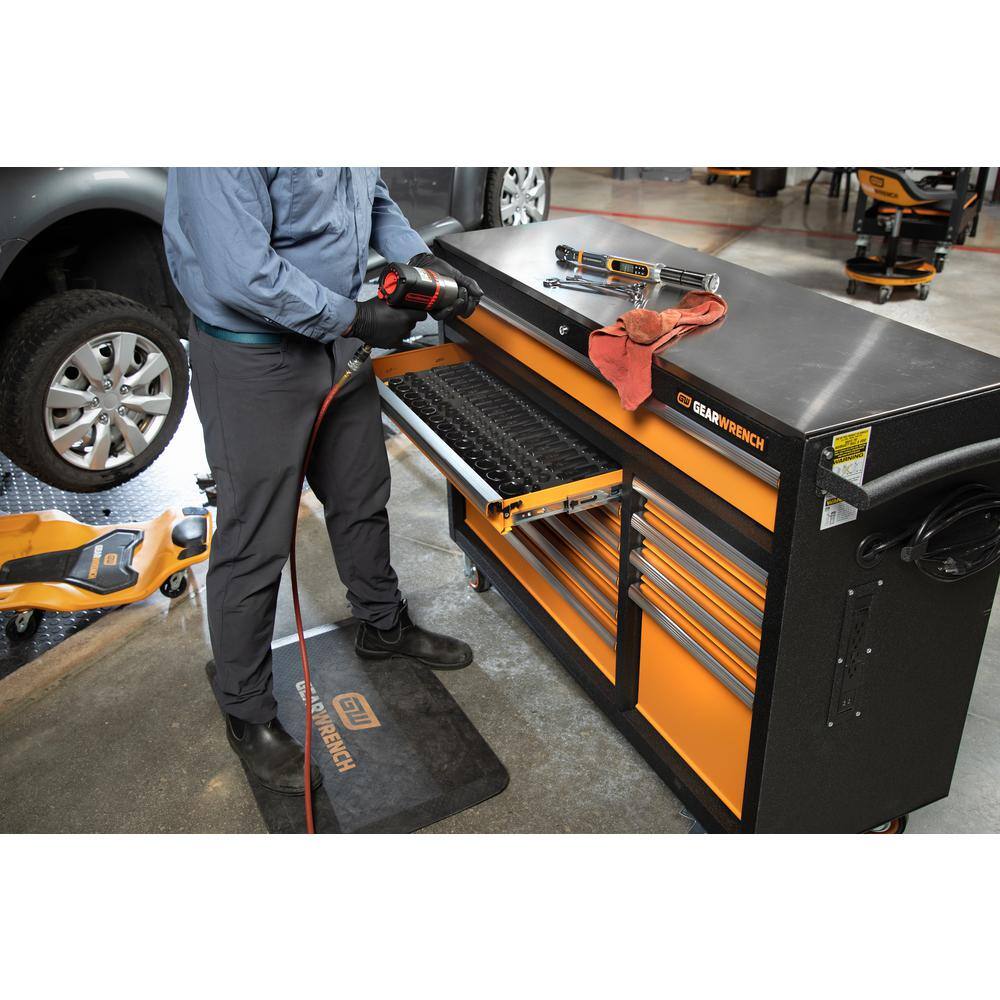 GEARWRENCH GSX 52 in. x 18 in. 11-Drawer Orange and Black Powder Coated Steel Rolling Tool Cabinet with Stainless Steel Worktop 83247