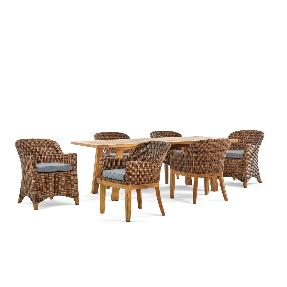 Winston Truss 7 Piece Natural Teak with Vintage Earth Weave Captain's Chair  Side Chair and Teak Dining Table Dining Set