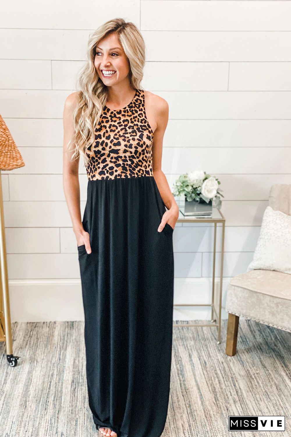 Sleeveless Leopard Bodice Maxi Dress with Pockets