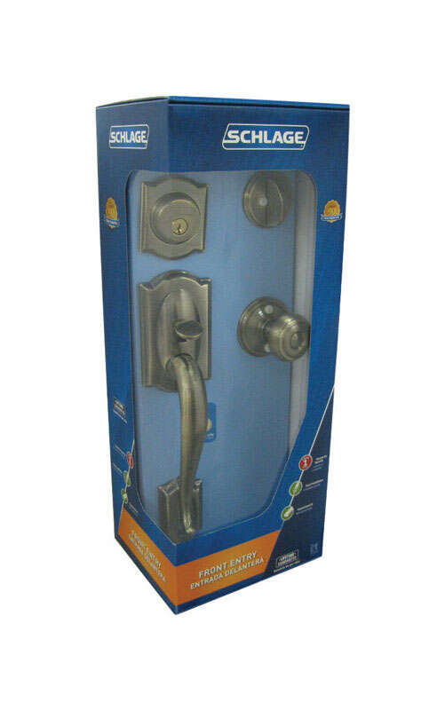 Schlage Camelot， Accent Antique Brass Entry Handleset 1-3/4 in.