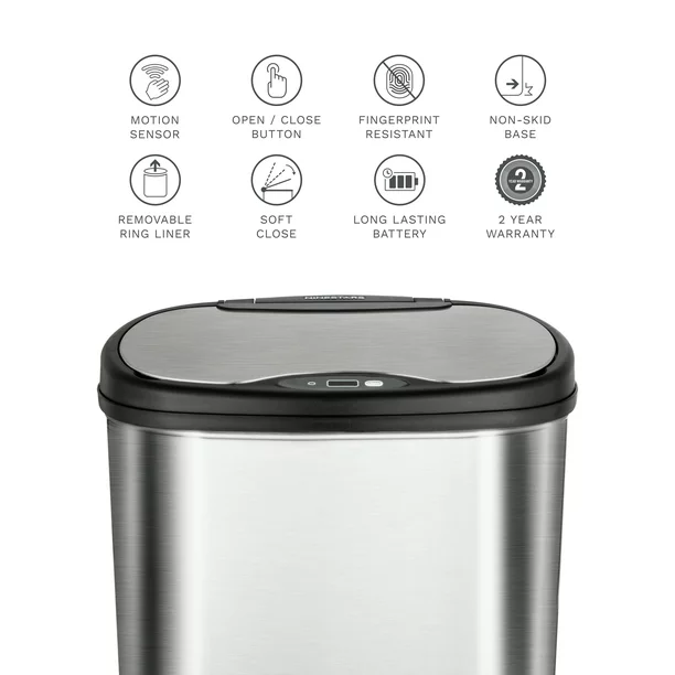 Nine Stars 13.2 gal / 50L Motion Sensor Kitchen Garbage Can， Stainless Steel