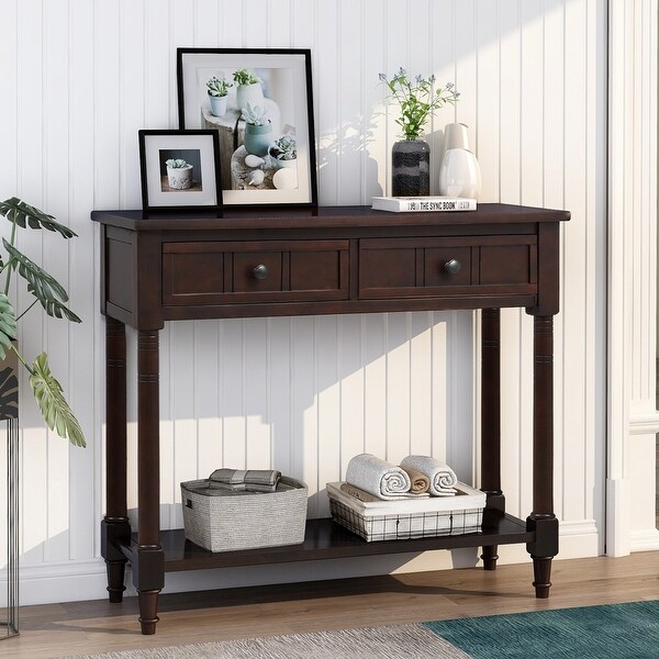 Solid Wood Console Table with 2 Drawers and 1 Bottom Storage Shelf