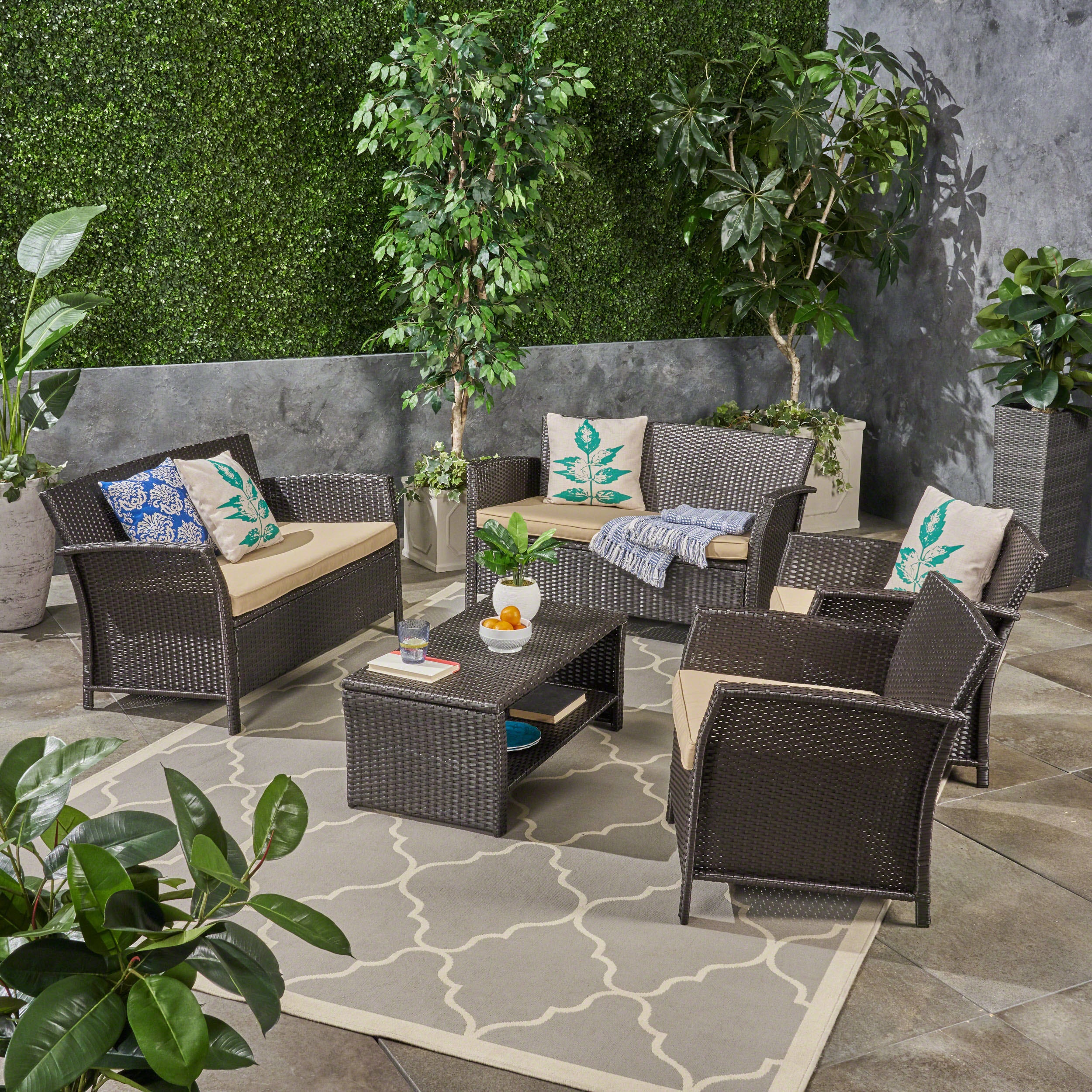 Lucia Outdoor 6-Seater Wicker Conversation Set with Coffee Table