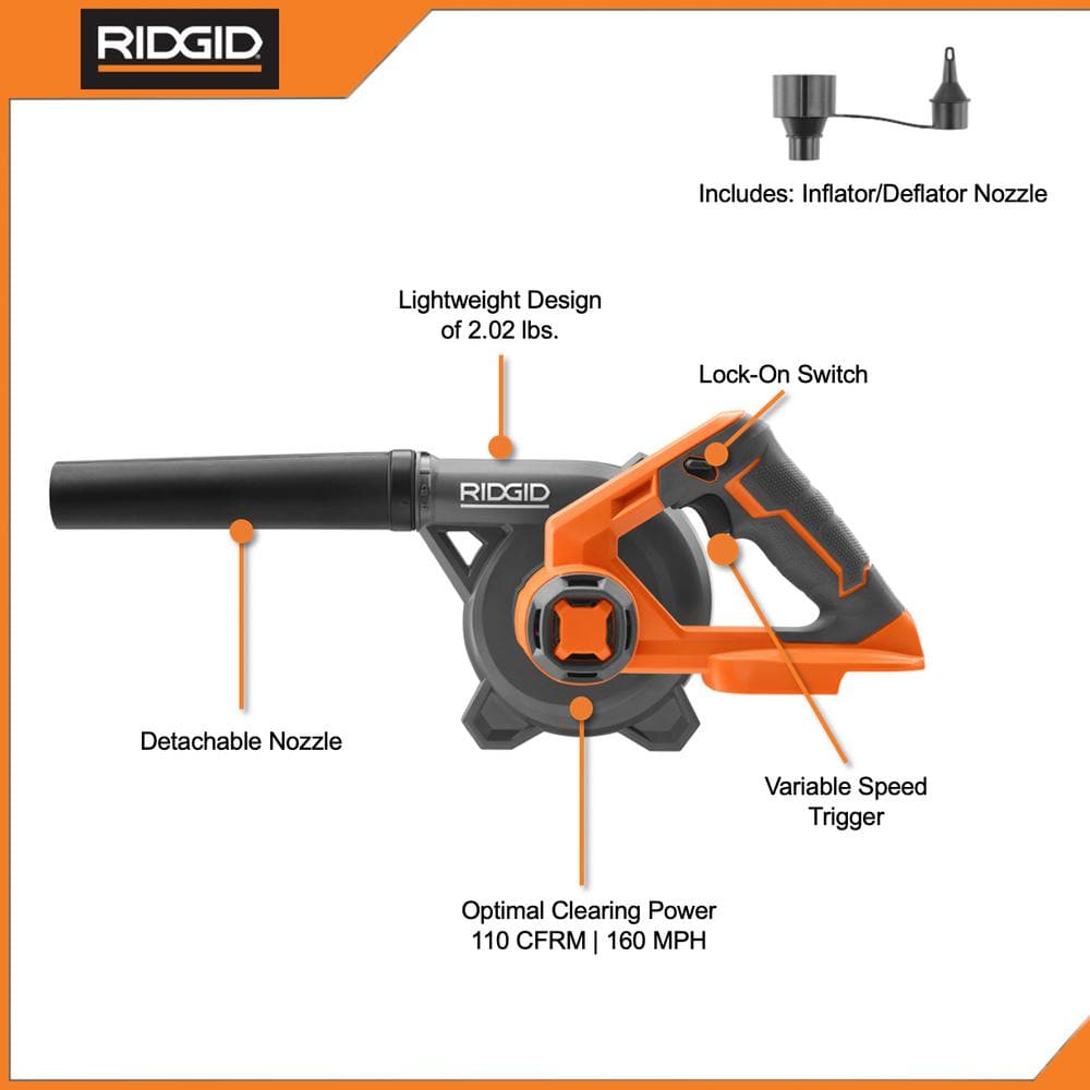 RIDGID 18V Lithium-Ion Cordless Compact Jobsite Blower with Inflator/Deflator Nozzle R86043B