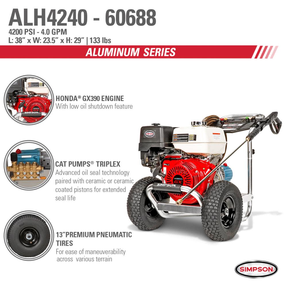 Aluminum 4200 PSI at 4.0 GPM HONDA GX390 with CAT Triplex Plunger Pump Cold Water Professional Gas Pressure Washer (49-State) ;