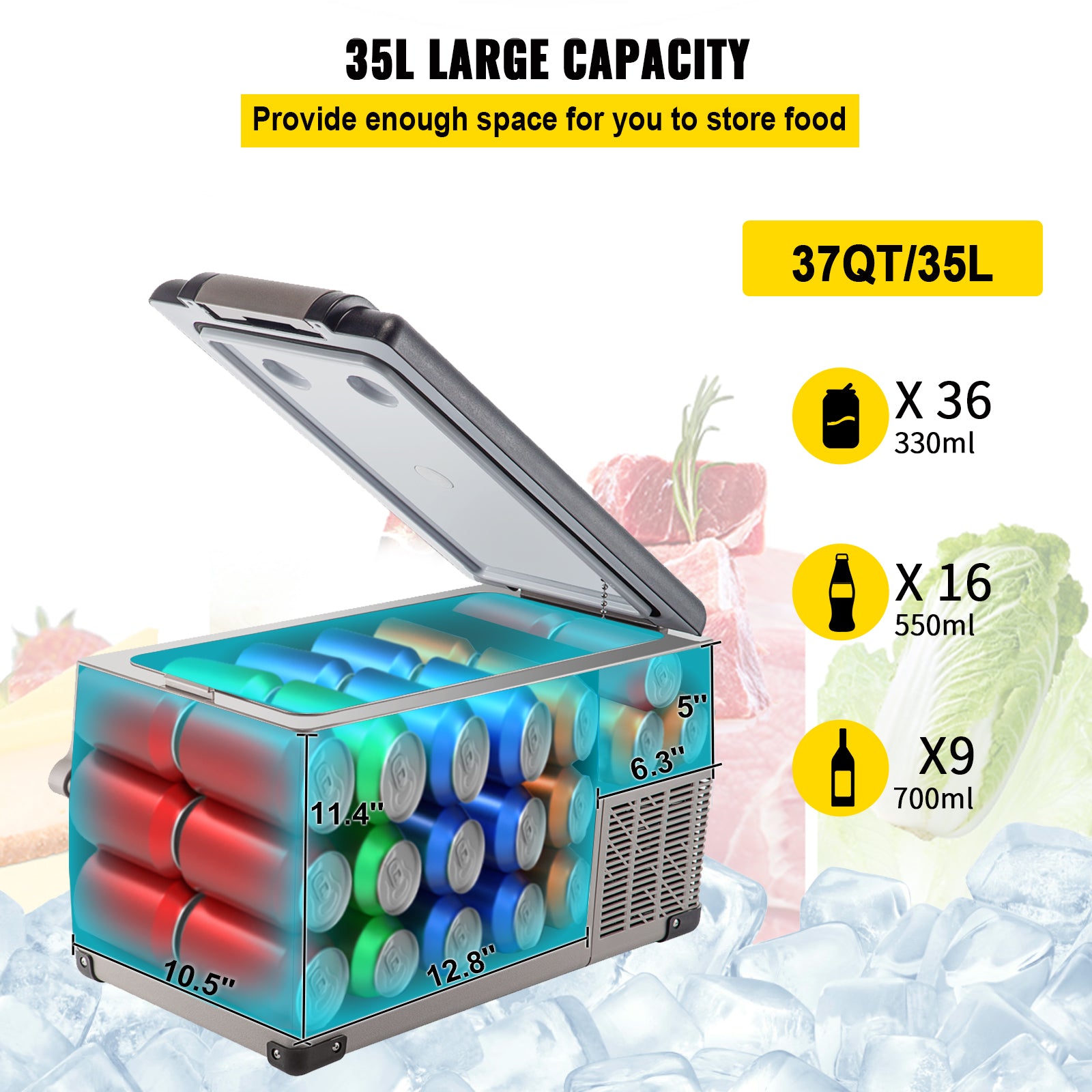 VEVOR 35L Portable Car Refrigerator 37 Quart Compact RV Fridge 12/24V DC & 110-240V AC Vehicle Car Truck Boat Mini Electric Freezer for Driving Travel Fishing Outdoor and Home Use -4°F-50°F