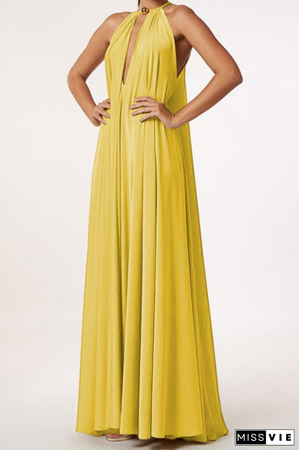 Yellow Sexy Casual Solid Hollowed Out O Neck Dresses