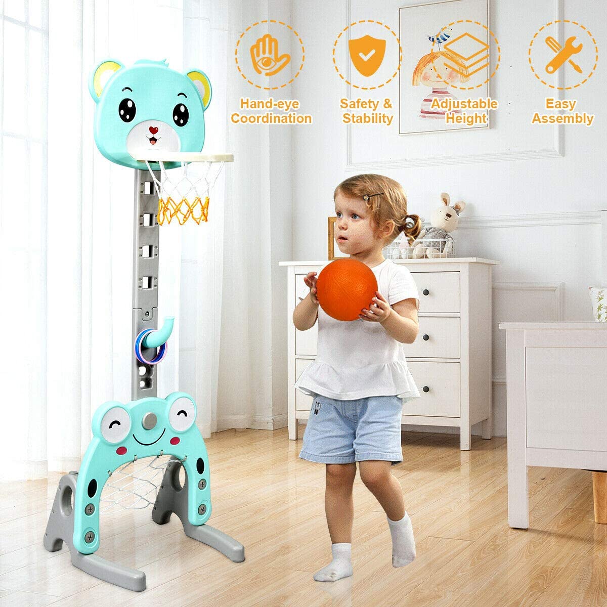 Costzon Basketball Hoop Set Stand, Kids 3-in-1 Sports Activity Center, Adjustable 4.7Ft-5.2Ft, Basketball Stand Set with Darts