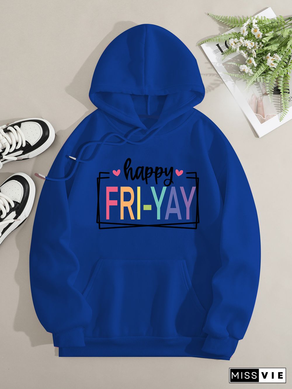 Printed on front Kangaroo Pocket Hoodie Long Sleeve for Women Pattern Happy friyay