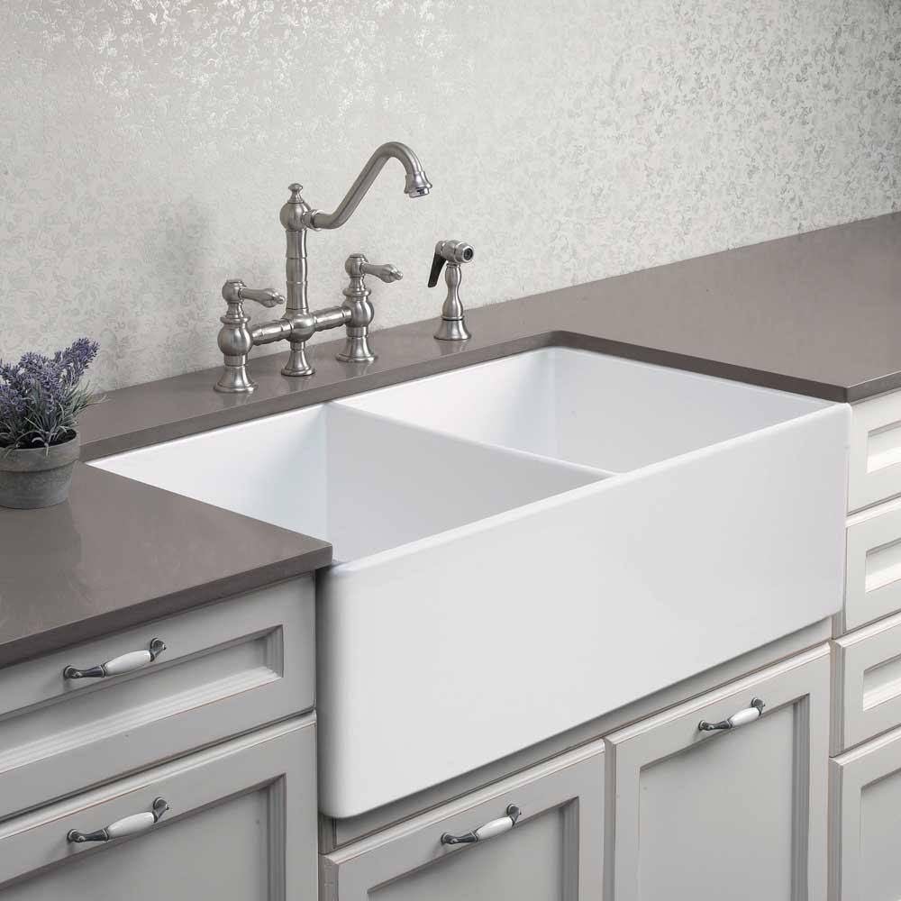 HOUZER Platus Farmhouse Apron Front Fireclay 33 in. Double Bowl Kitchen Sink in White with Dual-Mounting Options PTD-4400 WH