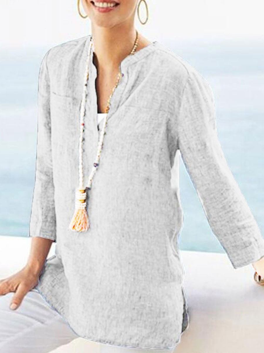 V-neck Casual Loose Solid Color Long-sleeved Blouse