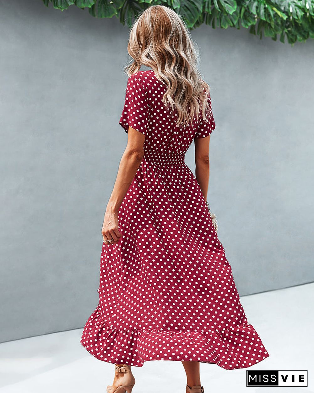 Button Down Polka Dot V Neck Short Sleeve High Low Maxi Dress