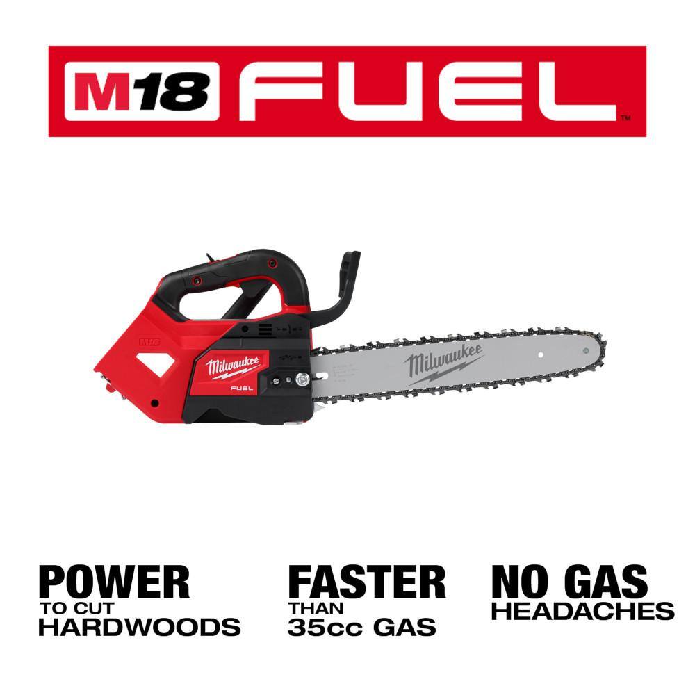 MW M18 FUEL 14 in. Top Handle 18-Volt Lithium-Ion Brushless Cordless Chainsaw and M18 12 in. Top Handle Chainsaw (2-Tool) 2826-20T-2826-20C