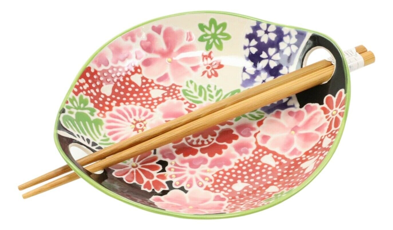 1 Pink Cherry Blossoms Small Appetizer Coupe Plate Flat Bowl With Chopsticks Set EBR02