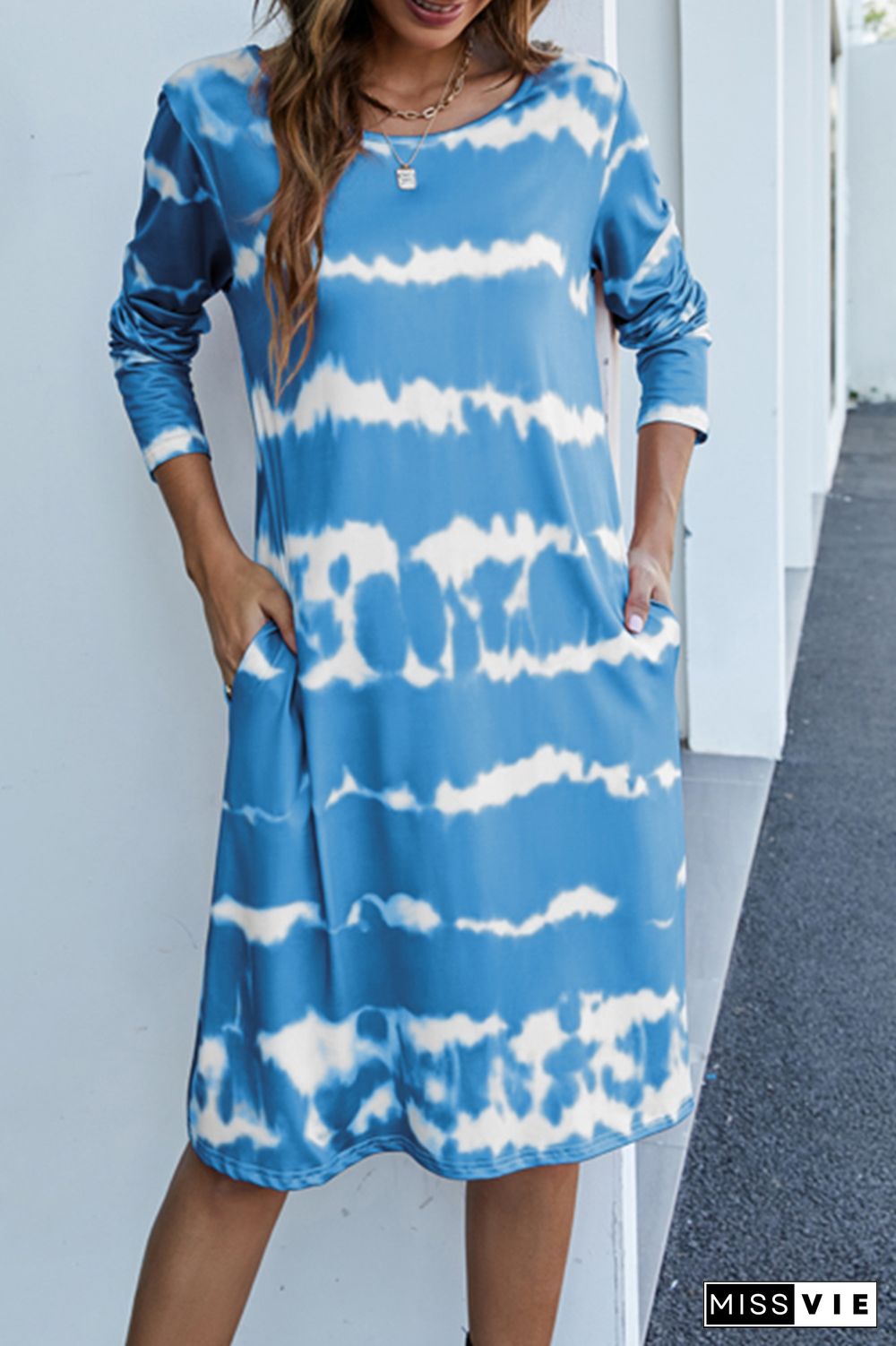 Autumn Pink Blue Crew Collar Long Sleeves Print Midi T Shirt Dress Wholesale