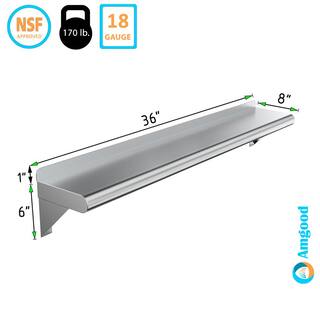 AMGOOD 8 in. x 36 in. Stainless Steel Wall Shelf. Kitchen Restaurant Garage Laundry Utility Room Metal Shelf with Brackets AMG WS-0836