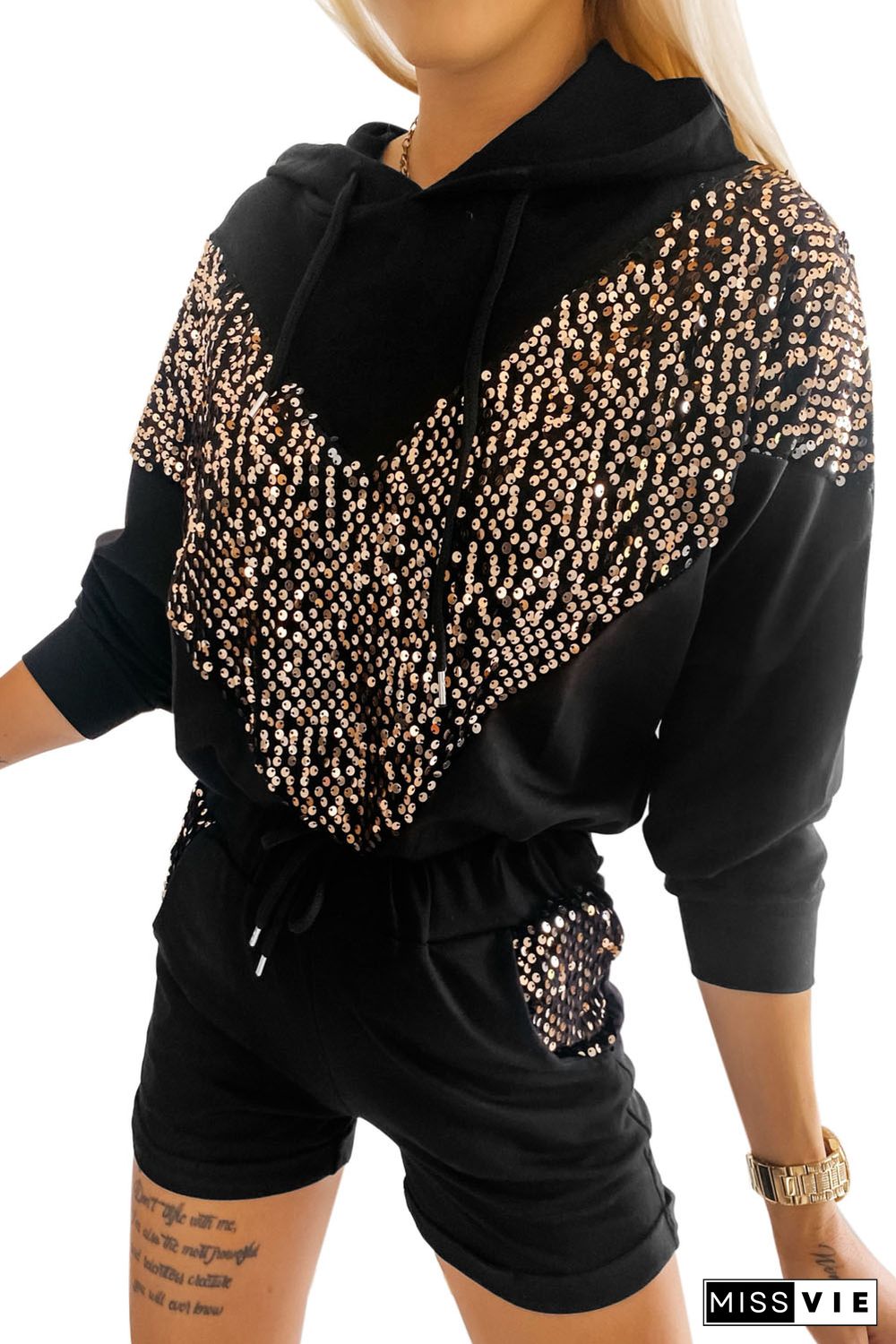 Black Chevron Sequin Pullover Hoodie