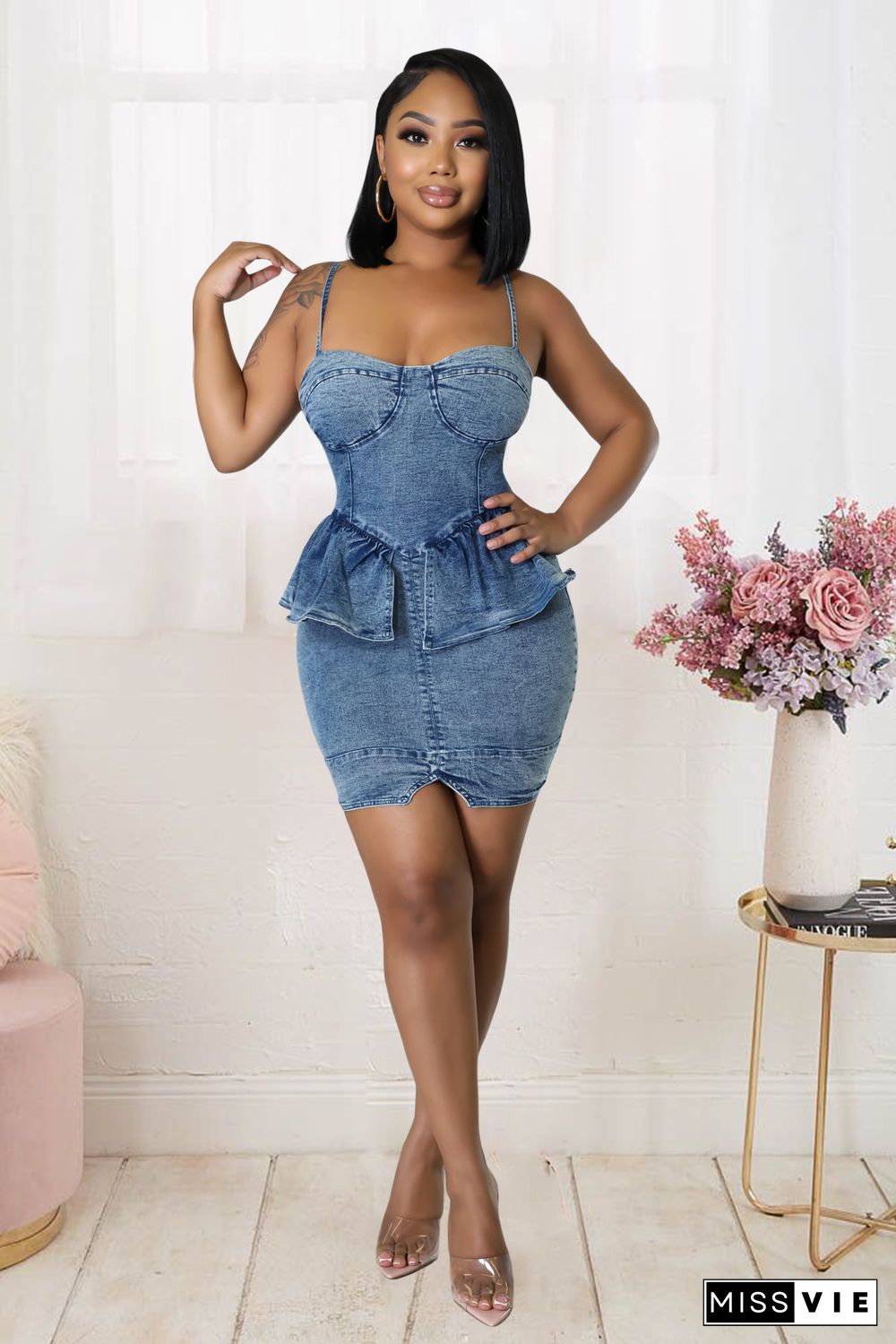 Ruffles Sexy Backless Bodycon Short Denim Dress