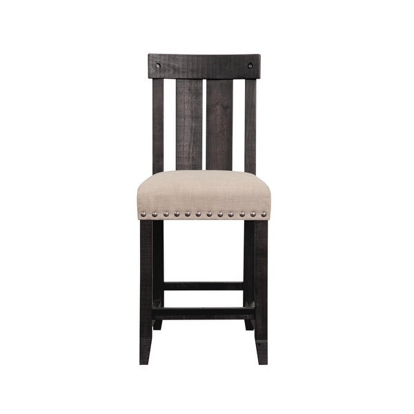 Wooden Counter Height Stool with Fabric Upholstered Seat and Slat Style Back，Set of 2， Black and Beige - 42 H x 19 W x 22 L Inches