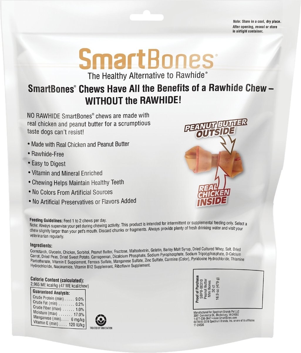 SmartBones Peanut Butter Mini Chews Dog Treats， 30 count