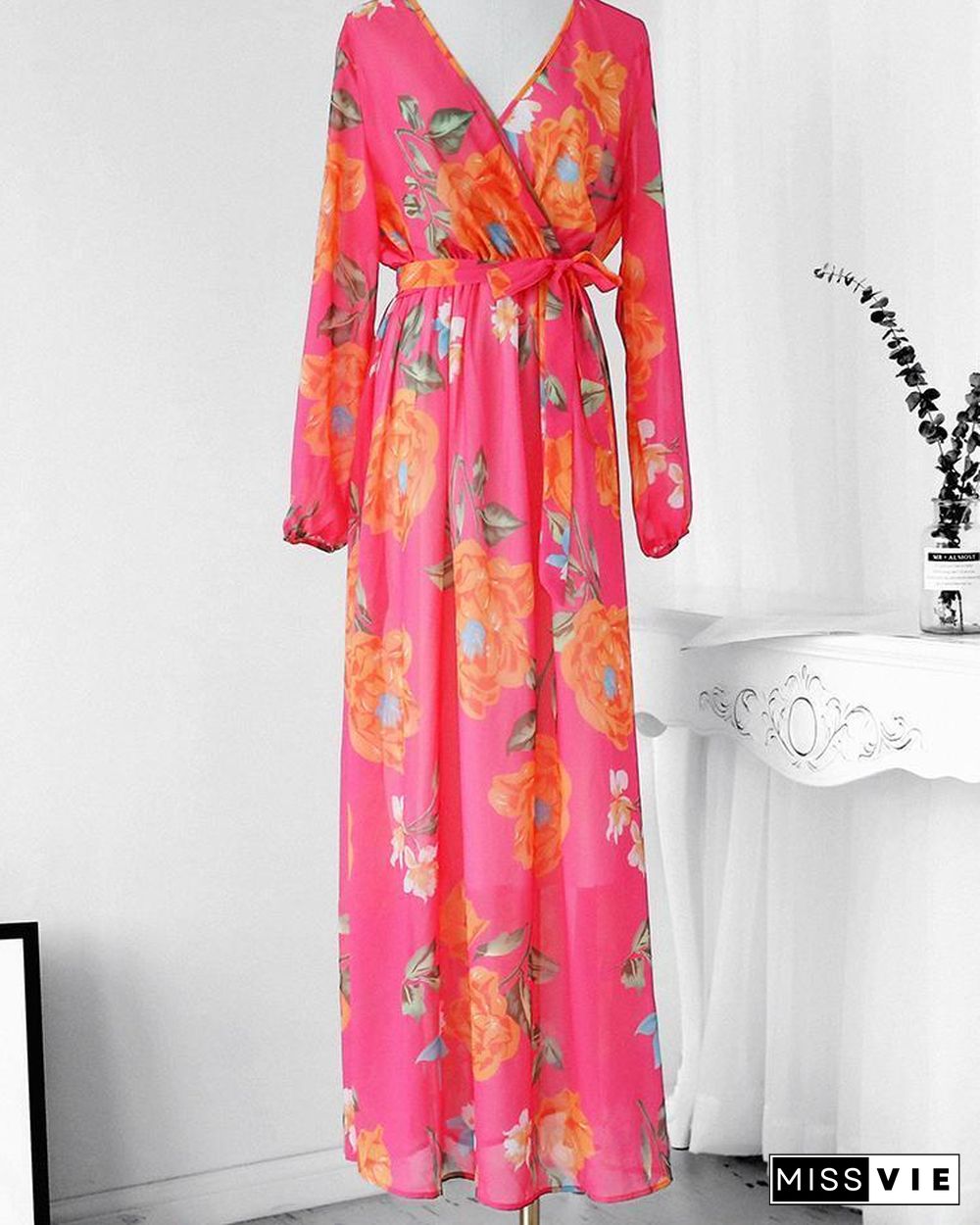 Tropical Print Deep V Belted Warp Maxi Dress P16067