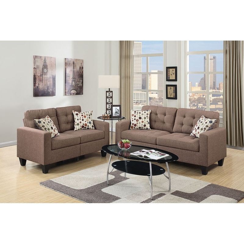 Modern Tufted Linen Like Fabric Sofa  2 Pieces Living Room Leisure Seating Sets with 4 Throw Pillows  for Living Room Bedroom