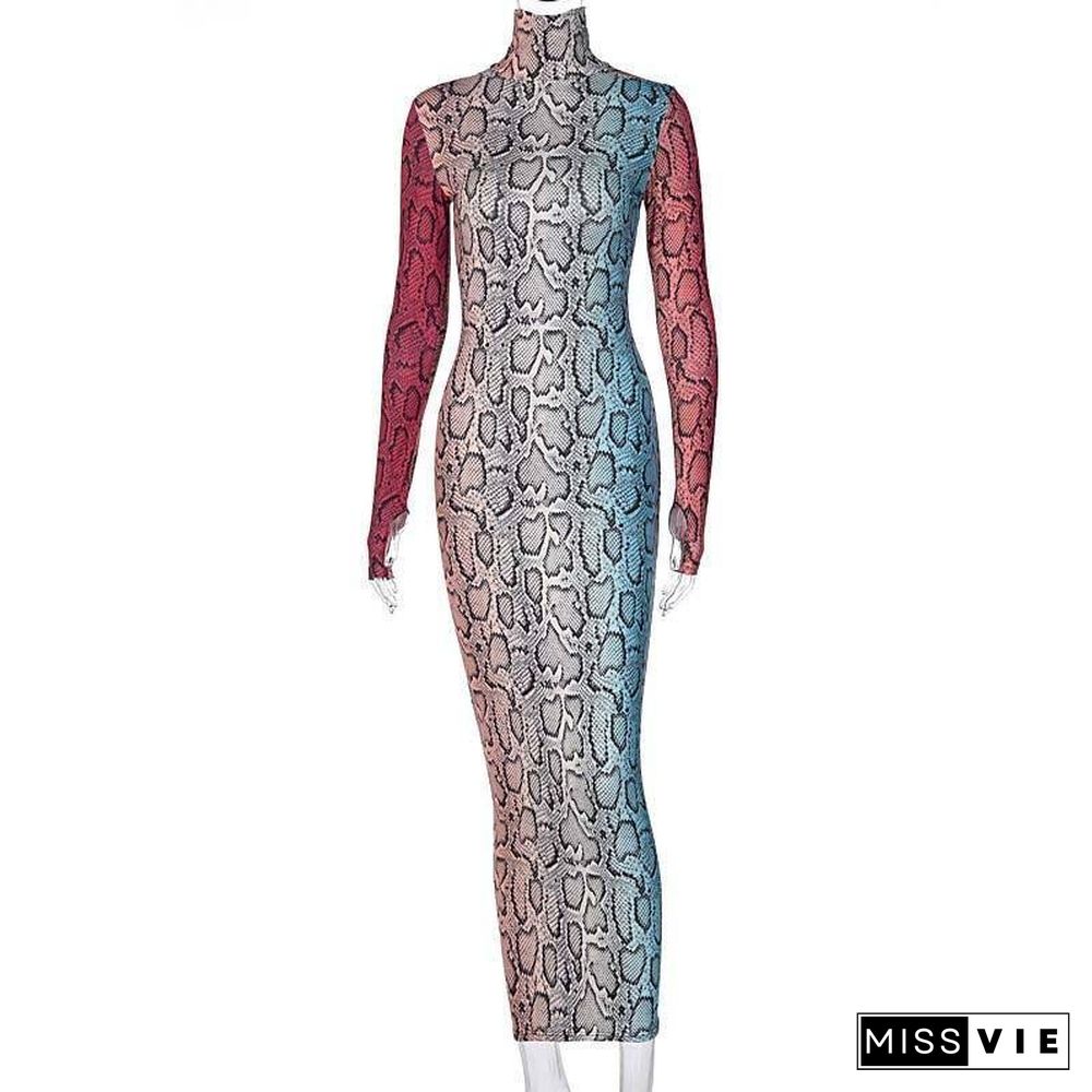 Sexy Snake Skin Long Maxi Dress Women High Neck Bodycon Sexy Club Dresses Ladies Tight Long Sleeve Robe Female