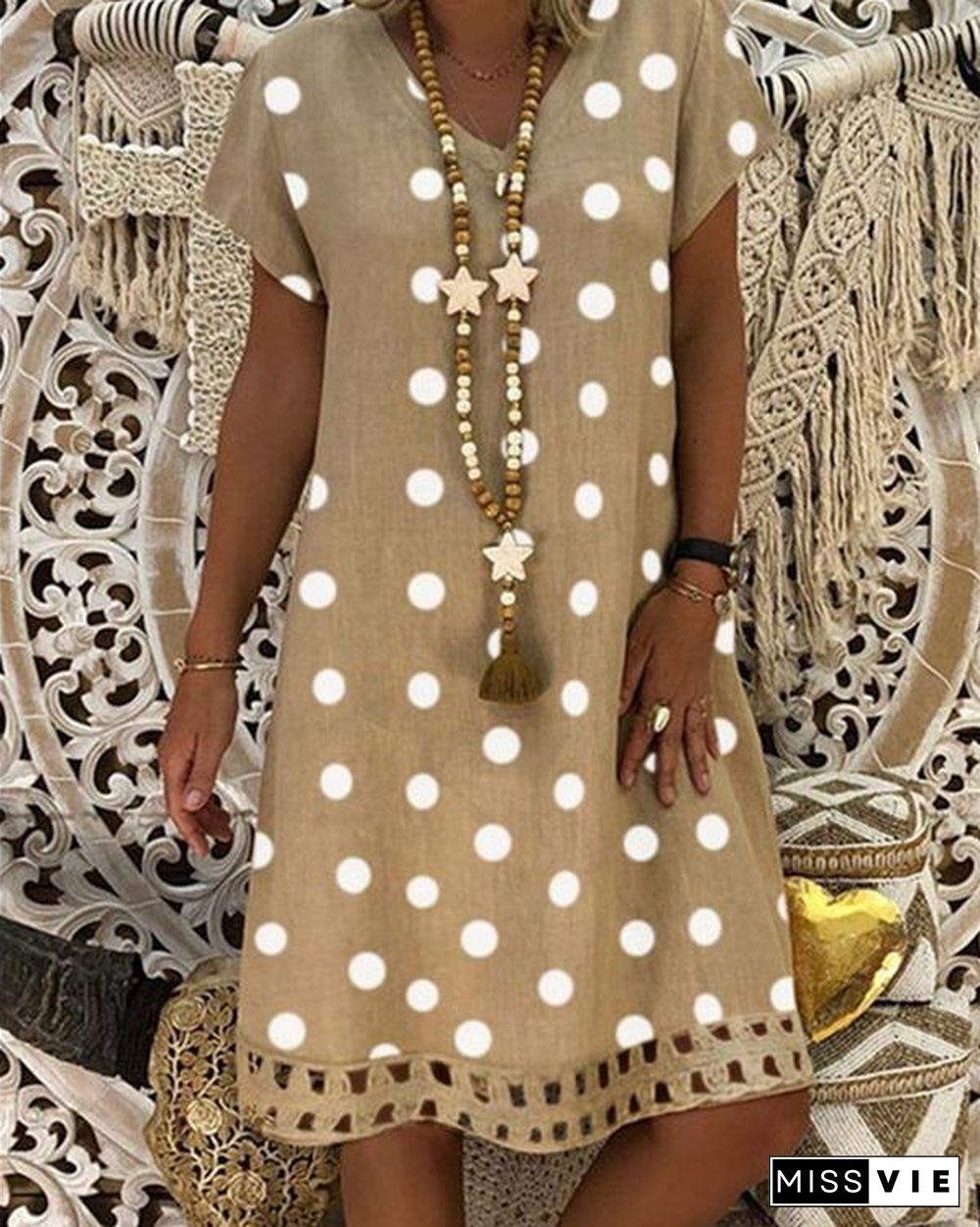 Women V-Neck Short Sleeve Hollow Polka Dot Summer Dress