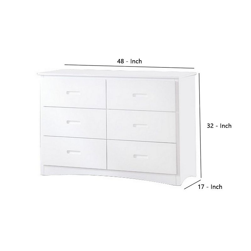 Contemporary Style 6 Drawer Wooden Dresser with Cutout Pulls， White