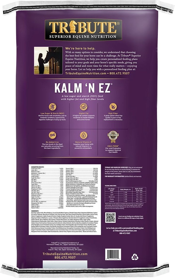 Tribute Equine Nutrition Kalm N' EZ Pellet Low-NSC， Molasses-Free Horse Feed