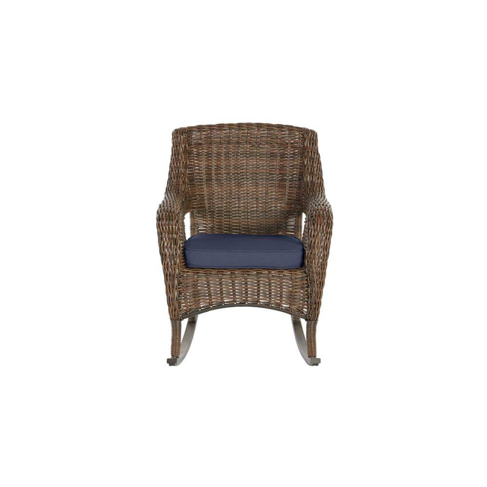 Hampton Bay Cambridge Brown Wicker Outdoor Patio Rocking Chair with CushionGuard Midnight Navy Blue Cushions 65-17148BR