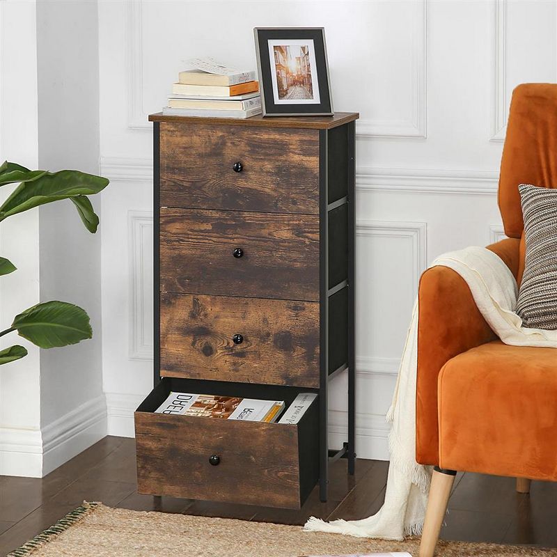 Rustic Vertical Dresser Tower， Industrial Drawer Dresser With 4 Drawers， Wooden Top And Front